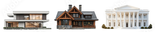 Modern house design showcases three distinct architectural styles contemporary, rustic, and classical. Each structure reflects unique aesthetics and materials, on transparent background