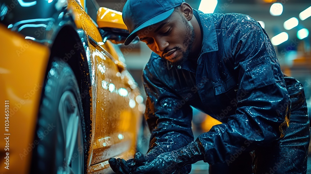 Obraz premium car mechanic in professional uniform carefully inspects vehicles condition in well lit garage ensuring optimal performance and safety.stock image