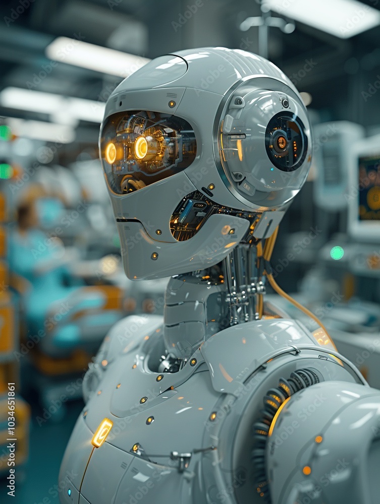 Fototapeta premium A futuristic robot with glowing eyes, set in a medical environment.