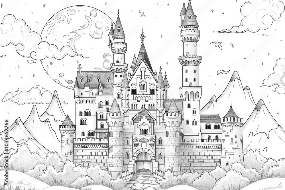 Obraz premium Coloring book illustration of an enchanting medieval castle under a full moon