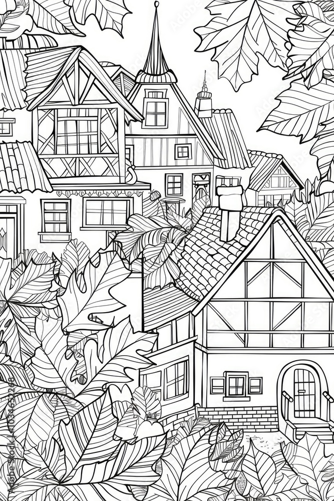 Coloring book illustration of autumn leaves and traditional houses Coloring book illustration of autumn leaves and traditional houses