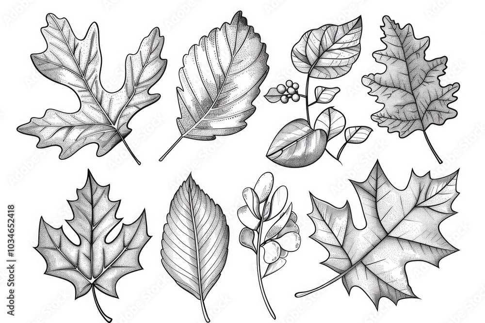 Fototapeta premium Coloring book illustration of a variety of autumn leaves with detailed designs featuring oak aspen maple viburnum and hawthorn