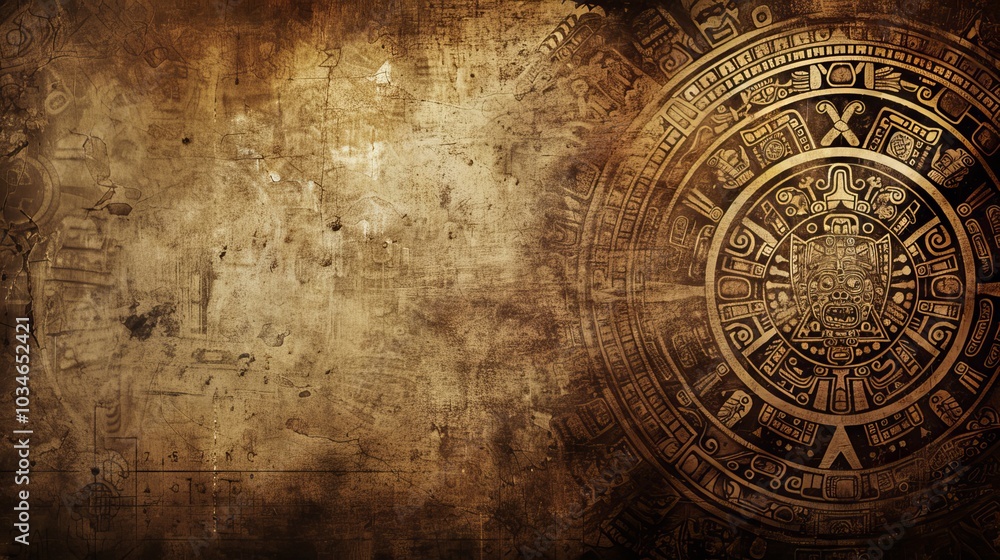 Naklejka premium Intricate Mayan calendar on a weathered, aged stone background.