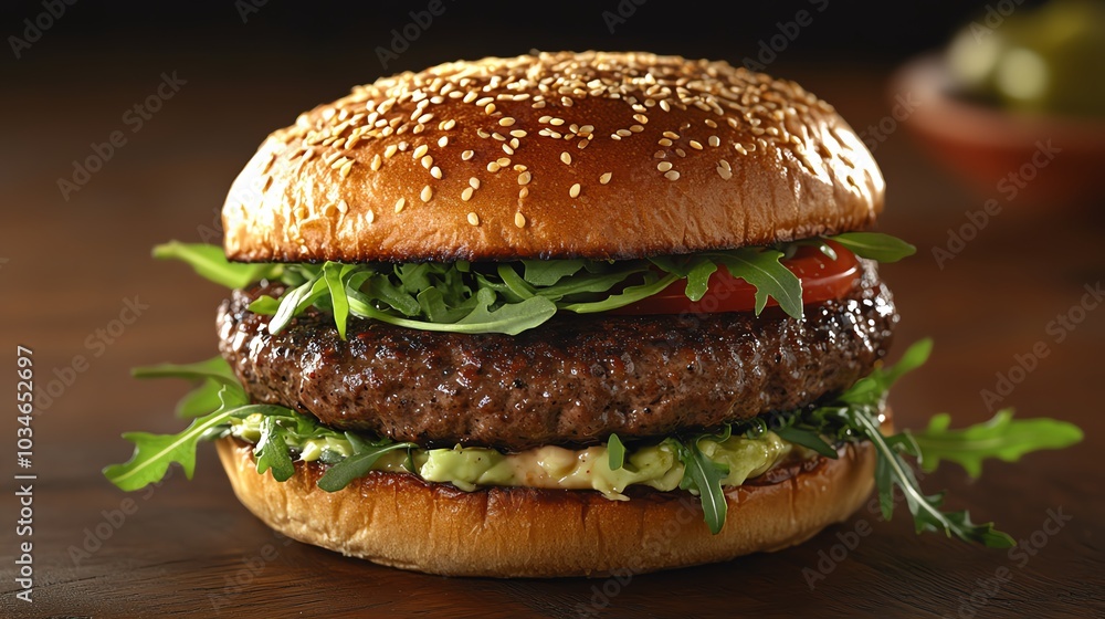 Organic beef burger with avocado, arugula, and spicy aioli on a toasted sesame seed bun, organic beef burger, gourmet twist Organic beef burger with avocado, arugula, and spicy aioli on a toasted sesame seed bun, organic beef burger, gourmet twist