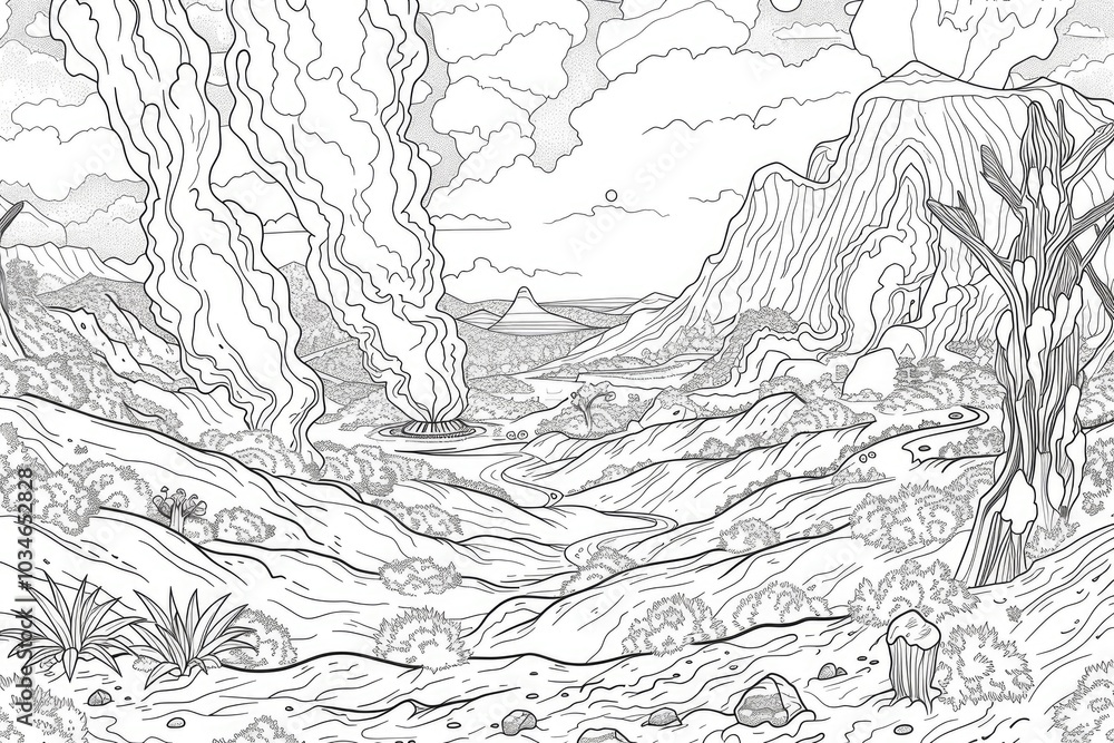 Naklejka premium Coloring book illustration of a scenic valley featuring hot steam vents and natural landscapes