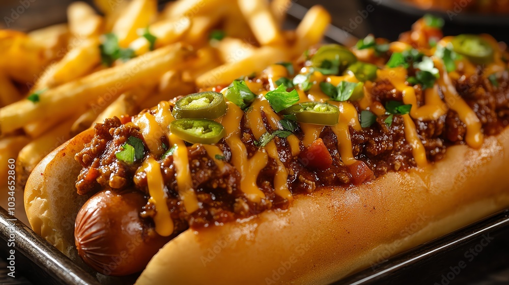 Organic beef chili dogs topped with cheddar cheese and jalapenos, served on a tray with fries, organic beef chili dogs, comfort food Organic beef chili dogs topped with cheddar cheese and jalapenos, served on a tray with fries, organic beef chili dogs, comfort food