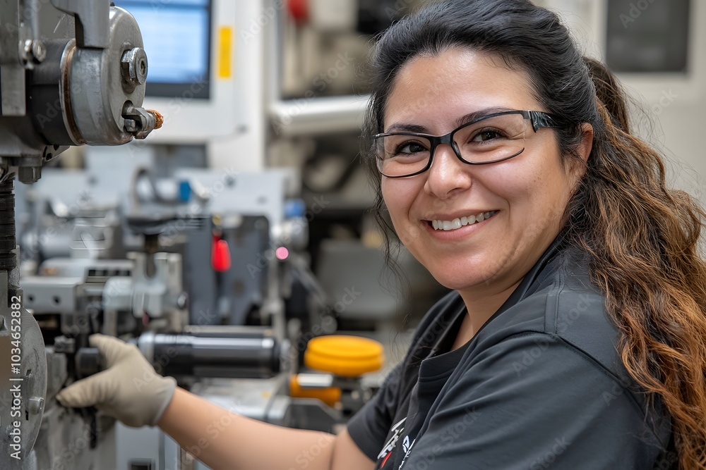Woman Working on Industrial Machine in Factory Woman Working on Industrial Machine in Factory