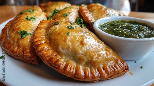 Organic beef empanadas with golden flaky crust, served with a side of chimichurri sauce, organic beef empanadas, LatinAmerican fusion