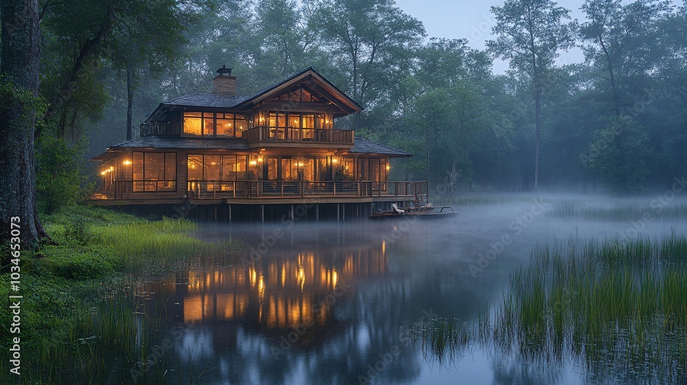 Fototapeta premium Elegant Glamping House on Pillars Above Serene Water