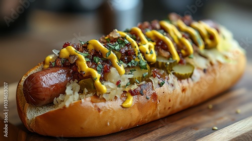 Wallpaper Mural Organic beef hotdog topped with sauerkraut, mustard, and pickles, served on a wooden board, organic beef hotdog, classic street food Torontodigital.ca