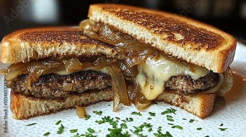 Organic beef patty melt with caramelized onions, Swiss cheese on rye bread, grilled to perfection, organic beef patty melt, diner classic