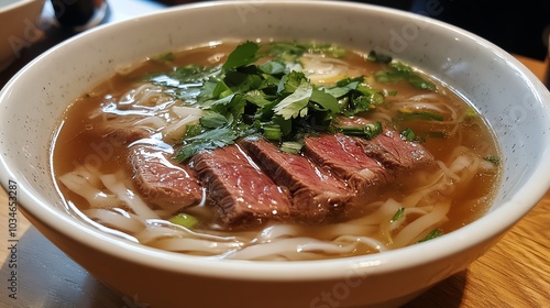 Organic beef pho with rice noodles, fresh herbs, and thinly sliced beef in a rich broth, organic beef pho, Vietnamese comfort food