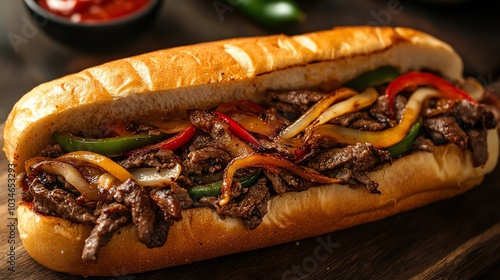 Wallpaper Mural Organic beef Philly cheesesteak with sauteed onions, bell peppers, and melted provolone, served in a soft hoagie roll, organic beef Philly cheesesteak, hearty street food Torontodigital.ca
