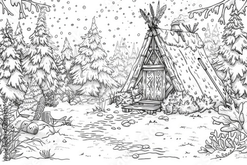 Coloring book illustration of a northern camp with chum and wigwam