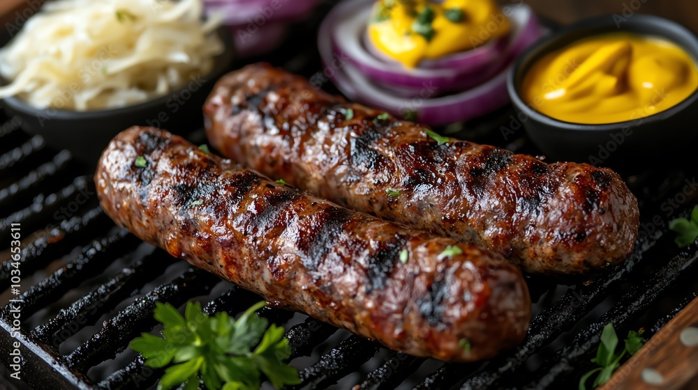 Organic beef sausage links on a grill with char marks, served with mustard and sauerkraut, organic beef sausage, BBQ essentials Organic beef sausage links on a grill with char marks, served with mustard and sauerkraut, organic beef sausage, BBQ essentials