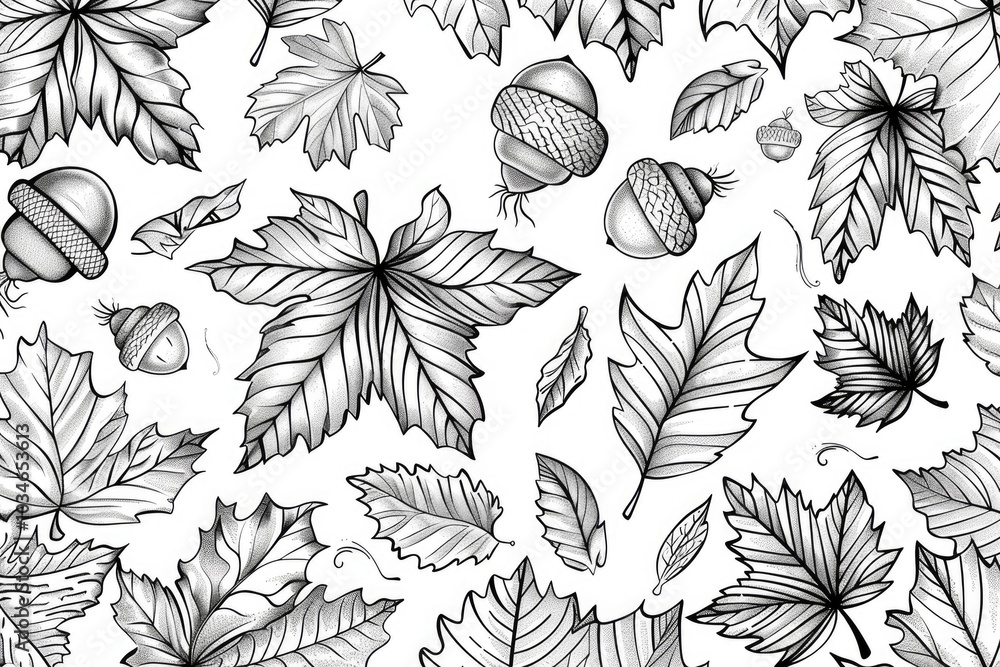 Fototapeta premium Coloring book illustration of an autumn scene featuring a collection of vibrant leaves and acorns Hand drawn design