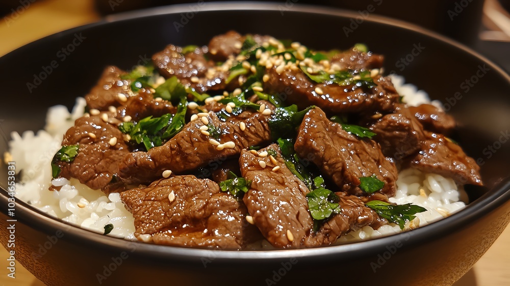 Organic beef stir fry with teriyaki sauce and sesame seeds, served over steamed rice in a black bowl, organic beef stir fry, Asianinspired Organic beef stir fry with teriyaki sauce and sesame seeds, served over steamed rice in a black bowl, organic beef stir fry, Asianinspired