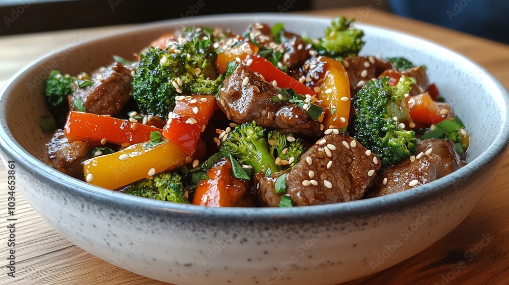Organic beef stir fry with vibrant bell peppers, broccoli, and sesame seeds in a savory sauce, organic beef stir fry, AsianAmerican fusion Organic beef stir fry with vibrant bell peppers, broccoli, and sesame seeds in a savory sauce, organic beef stir fry, AsianAmerican fusion