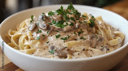 Organic beef stroganoff with wide egg noodles, creamy mushroom sauce, and parsley garnish, organic beef stroganoff, comfort food indulgence