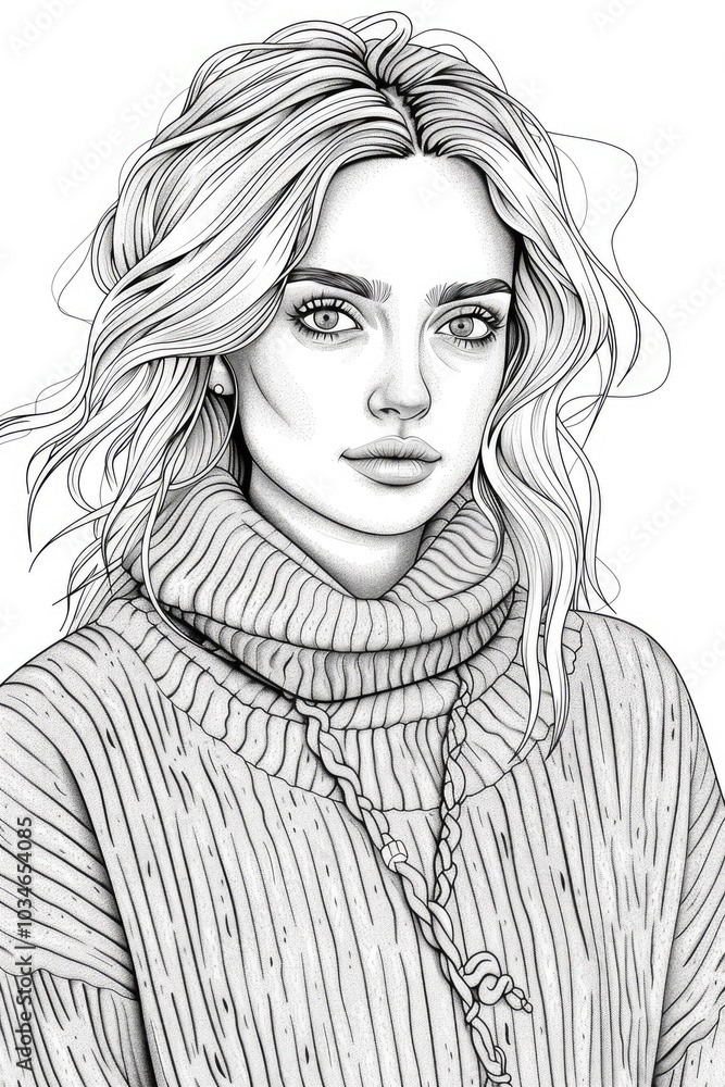 Coloring book illustration of an attractive young woman with blonde hair in a cozy sweater standing against a bright background with a calm expression Coloring book illustration of an attractive young woman with blonde hair in a cozy sweater standing against a bright background with a calm expression
