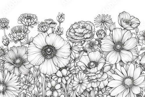 Coloring book illustration of a variety of flowers