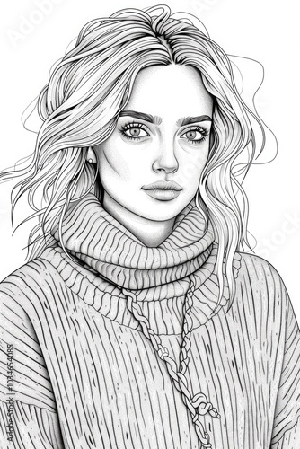 Coloring book illustration of an attractive young woman with blonde hair in a cozy sweater standing against a bright background with a calm expression