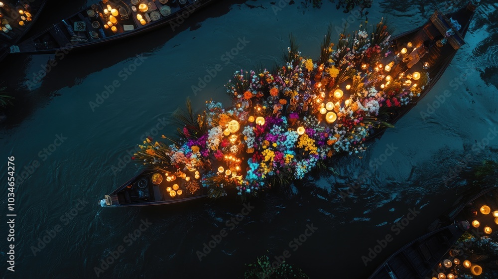 Colorful Flower Boat on Serene Waterway at Dusk Colorful Flower Boat on Serene Waterway at Dusk