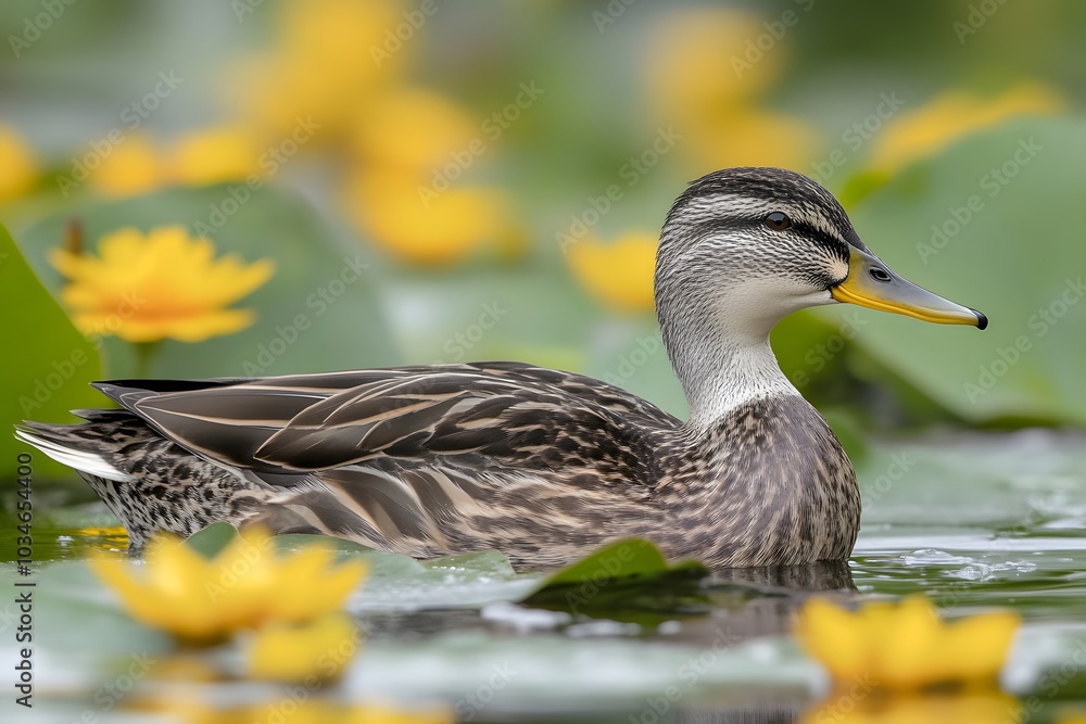 Mallard Duck Swimming in Pond with Yellow Flowers Mallard Duck Swimming in Pond with Yellow Flowers