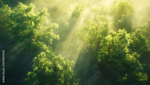 Sunlight Beams Through Misty Forest Canopy