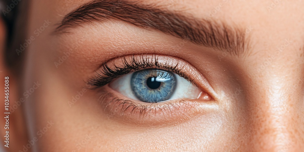 Obraz premium A close-up of a bright blue eye highlighting detailed lashes and perfectly shaped eyebrows, capturing natural beauty and vibrant color.