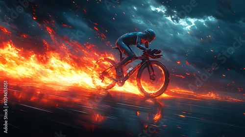 A cyclist rides a bike through a fiery inferno with a stormy sky above. photo