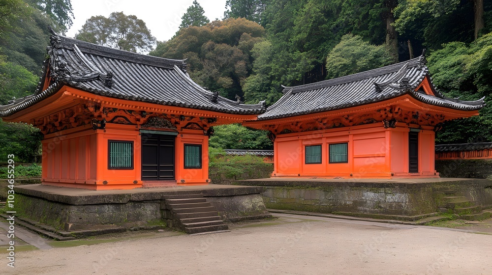 Traditional Japanese Temple Architecture with Red and Black Structures in a Forest Setting Traditional Japanese Temple Architecture with Red and Black Structures in a Forest Setting