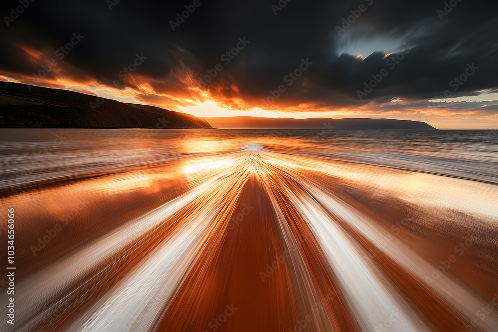 Obraz premium Dramatic Sunset Over Coastal Beach with Waves and Hills