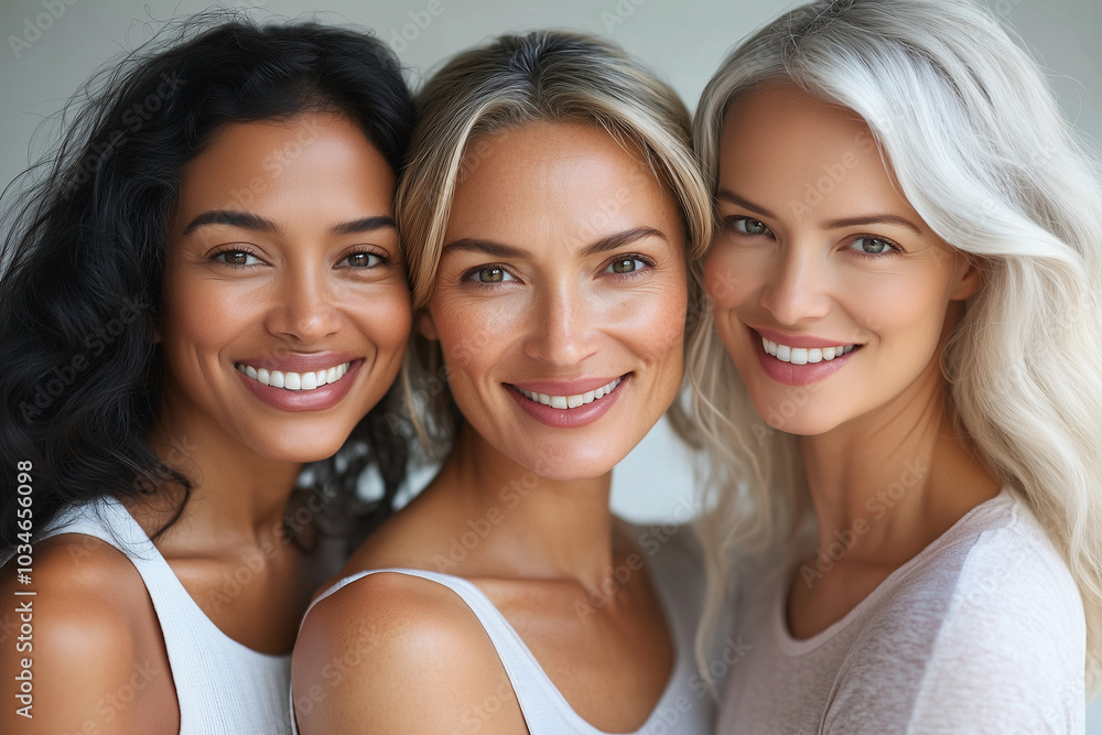 three women of different ages and ethnicities, all with radiant, glowing skin. three women of different ages and ethnicities, all with radiant, glowing skin.