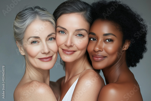 three women of different ages and ethnicities, all with radiant, glowing skin.