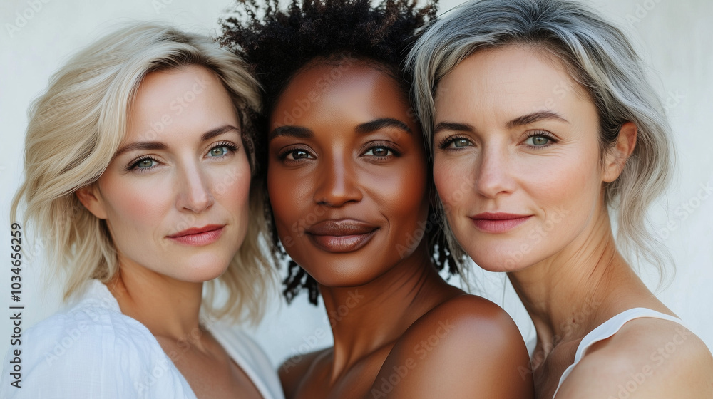 three women of different ages and ethnicities, all with radiant, glowing skin. three women of different ages and ethnicities, all with radiant, glowing skin.