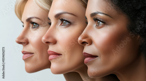 three women of different ages and ethnicities, all with radiant, glowing skin.