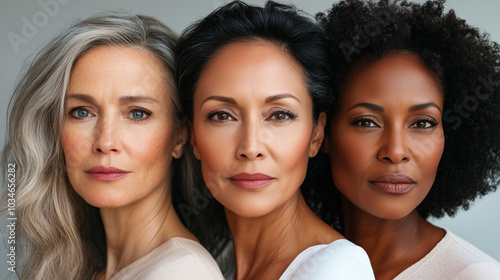three women of different ages and ethnicities, all with radiant, glowing skin.