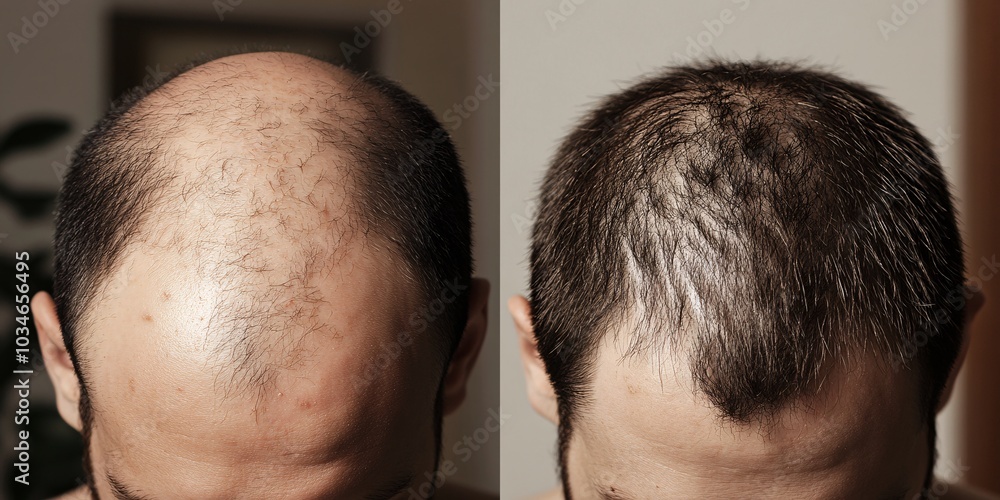 Fototapeta premium The image shows a comparison of a bald man's head on the left and a fuller hair appearance on the right, highlighting a hair restoration transformation.
