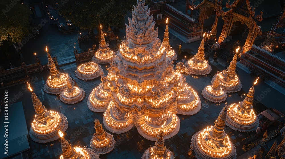 Illuminated Pagoda at Night with Festival Atmosphere Illuminated Pagoda at Night with Festival Atmosphere