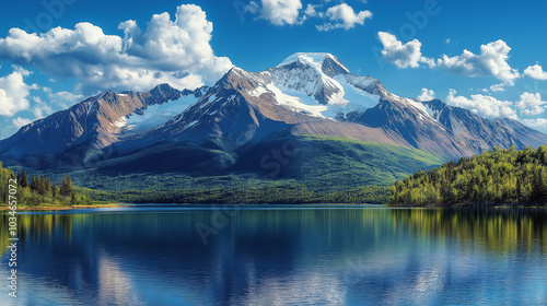 A stunning mountain range with snow-capped peaks, representing the natural beauty of Alaska. The poster highlights Alaska Day