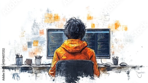 doodle styleof coding tutor concept featuring person viewed from the back sitting in front of computer screen simplistic design highlights the educational aspect of coding photo