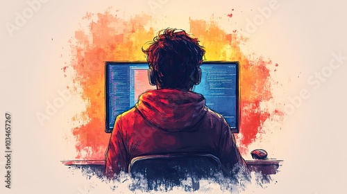 doodle styleof coding tutor concept featuring person viewed from the back sitting in front of computer screen simplistic design highlights the educational aspect of coding.illustration photo