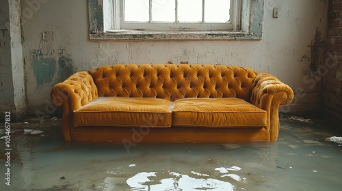 floating couch in an empty room symbolizes severe water damage highlighting the importance of immediate restoration and repair to prevent further destruction.image