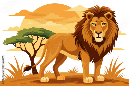 lion in serengeti sitting in the jangle vector art illustration