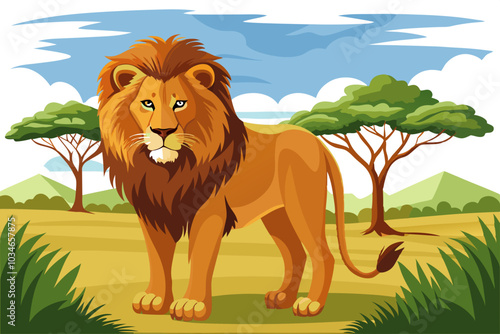 lion in serengeti sitting in the jangle vector art illustration