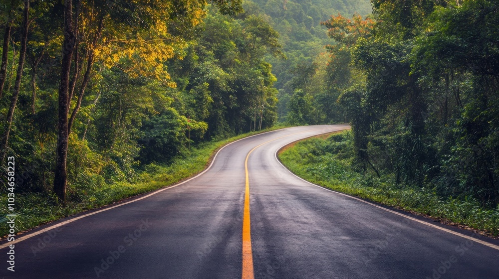 A winding road through a lush green forest, inviting exploration and adventure. A winding road through a lush green forest, inviting exploration and adventure.