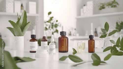 laboratory experiment and research with leaf, oil and ingredient extract for natural beauty and organic skincare product the blank bottle for label ,bio science concept. 