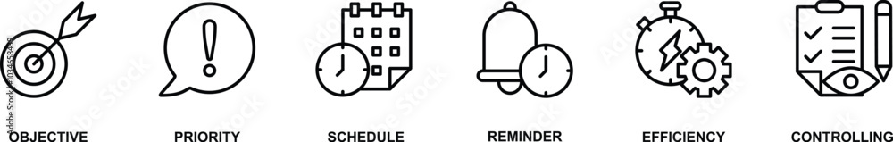 Time management banner web icon vector illustration concept with icon of objective, priority, schedule, reminder, efficiency, and controlling Time management banner web icon vector illustration concept with icon of objective, priority, schedule, reminder, efficiency, and controlling