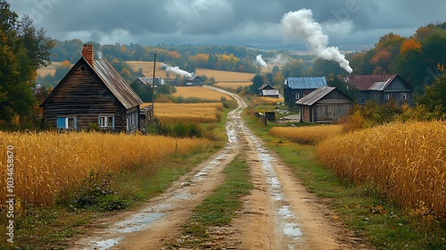 A winding dirt road leads through a rural village with wooden houses and fields of golden wheat. Smoke rises from chimneys, creating a picturesque scene.